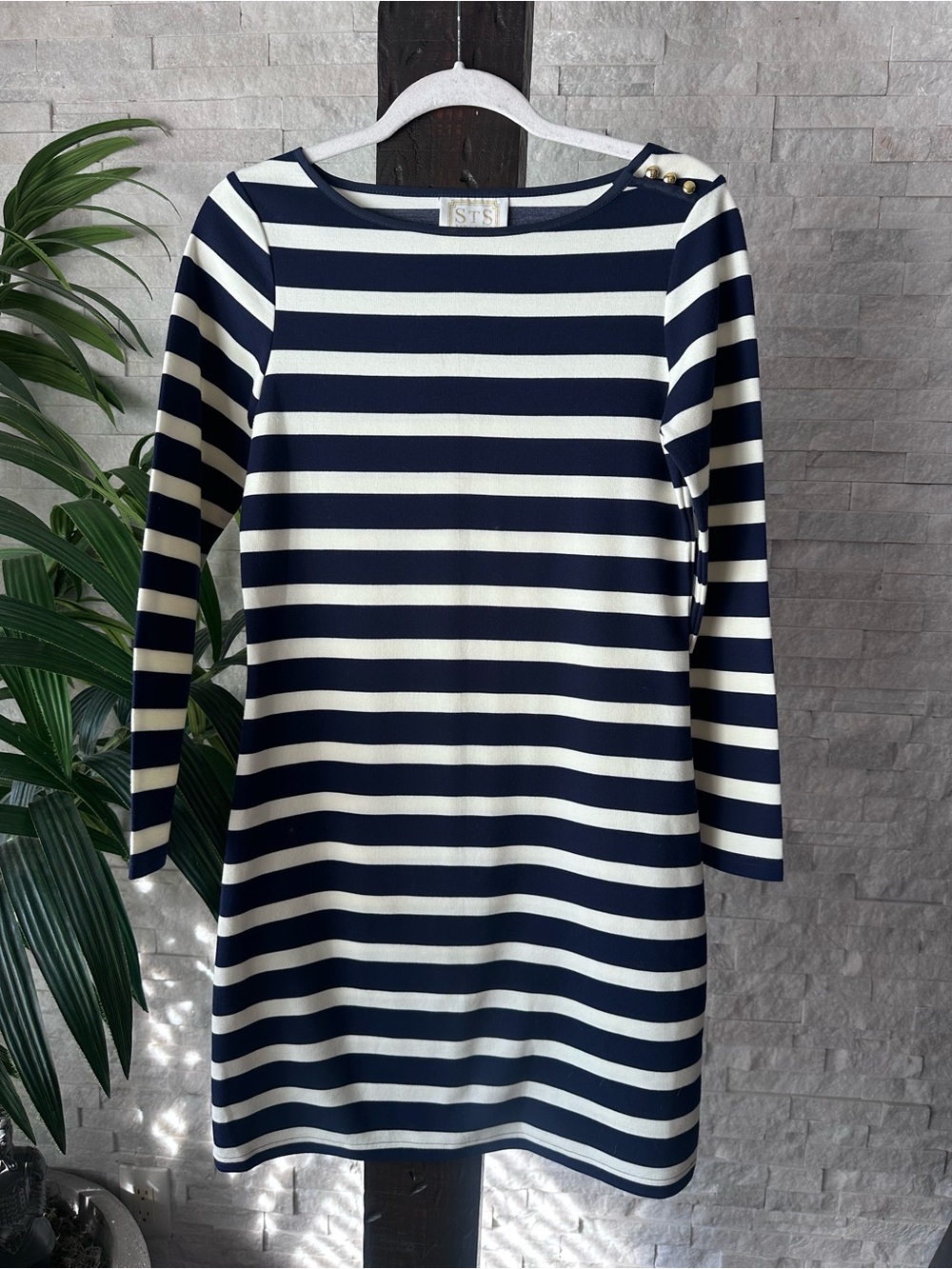 Sail to Sable Striped Navy and Cream Boatneck Dress with Button Detail Size XS